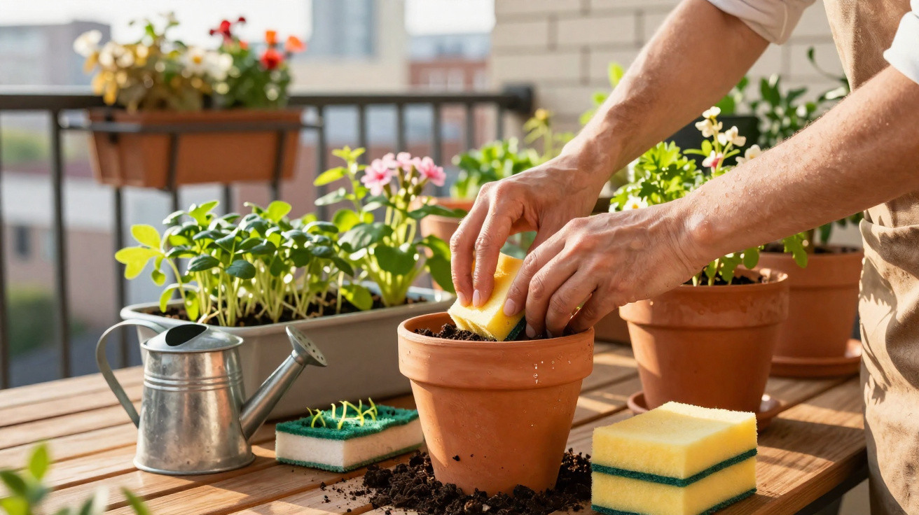 Pessoa limpando vaso de barro com esponja em varanda com plantas e regador ao redor.