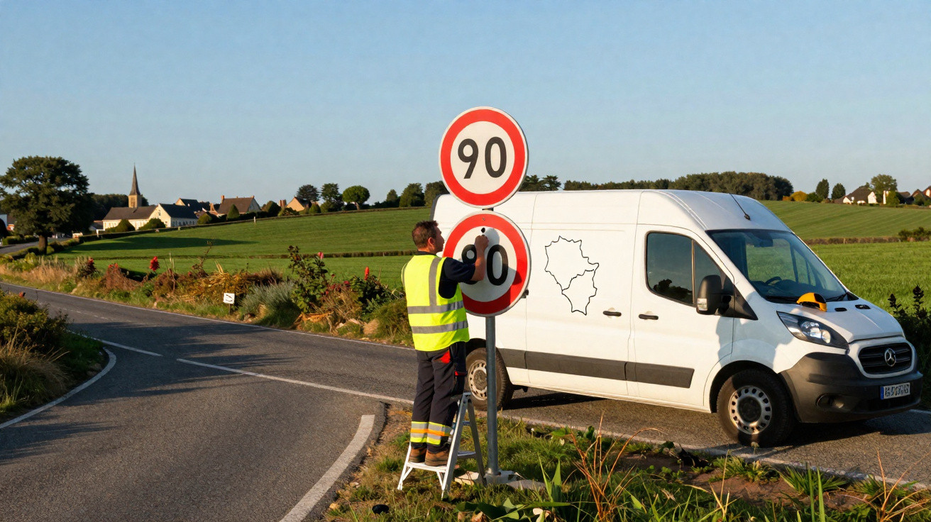 Homem com colete refletivo muda placa de limite de velocidade de 90 km/h perto de estrada rural e van branca.