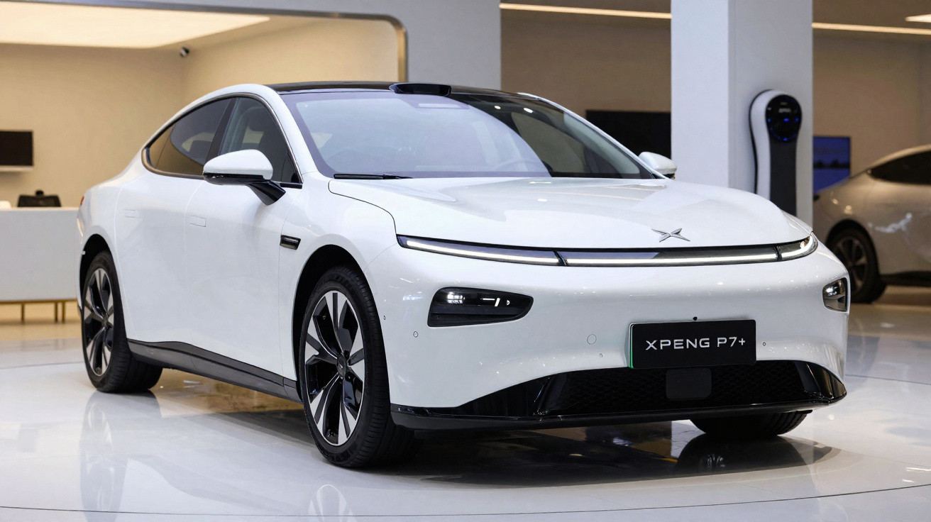 Carro elétrico branco XPeng P7+ em exposição interna com design moderno e aerodinâmico.