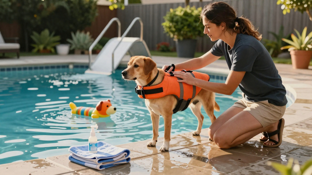 Mulher ajusta colete salva-vidas em cachorro ao lado de piscina com brinquedo flutuante e toalhas.