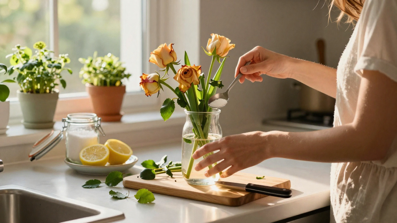 Pessoa regando flores amarelas em um vaso de vidro em cozinha iluminada pela luz natural da janela.