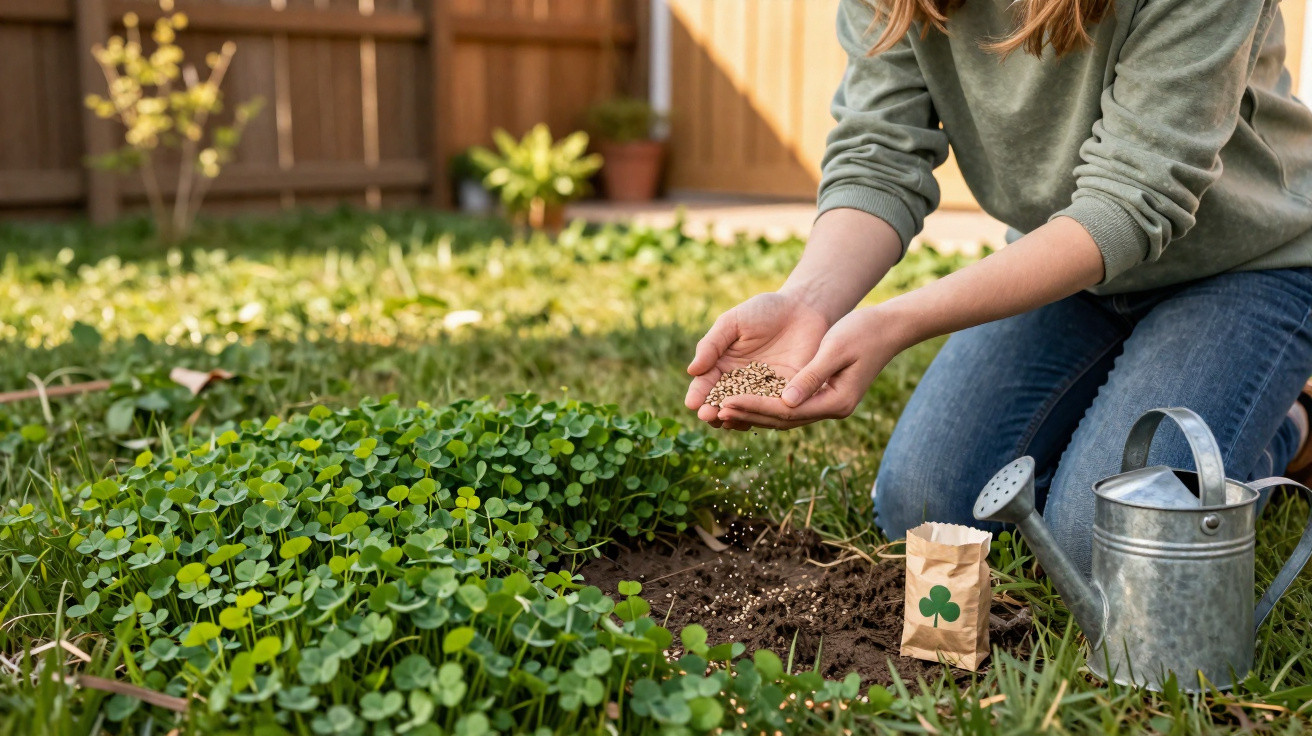 Pessoa sem rosto plantando sementes em jardim com regador metálico ao lado em área gramada.