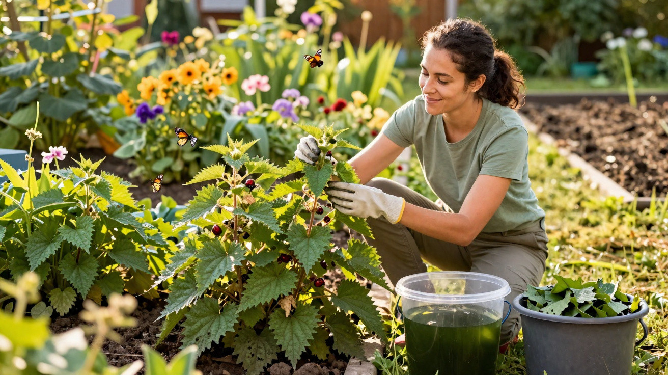 Mulher cuidando de plantas em jardim com flores e borboletas em dia ensolarado.