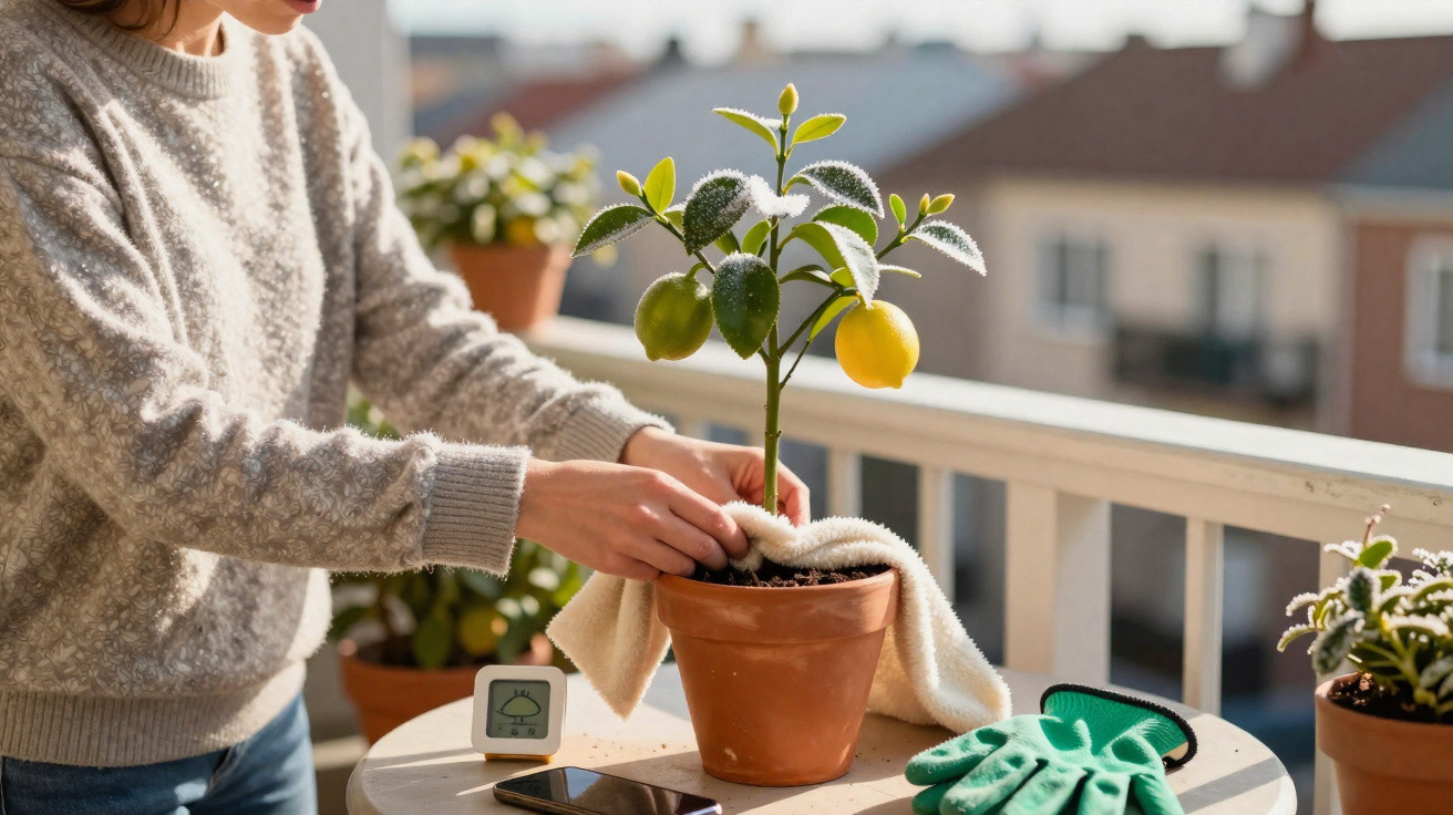 Pessoa cuidando de uma planta com limão em vaso de barro sobre mesa na varanda ensolarada.