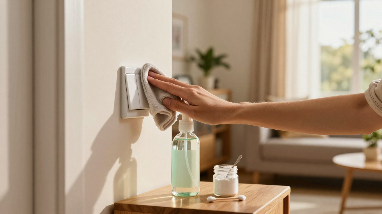 Pessoa limpando interruptor de luz com pano ao lado de álcool em gel e pote branco em cômodo iluminado.