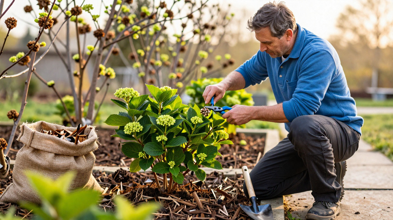 Homem podando planta com tesoura de jardinagem em canteiro com saco de aparas ao lado.