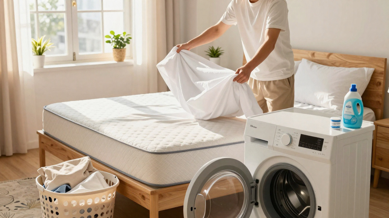 Pessoa arrumando cama com lençol branco ao lado de máquina de lavar roupa aberta em quarto iluminado.