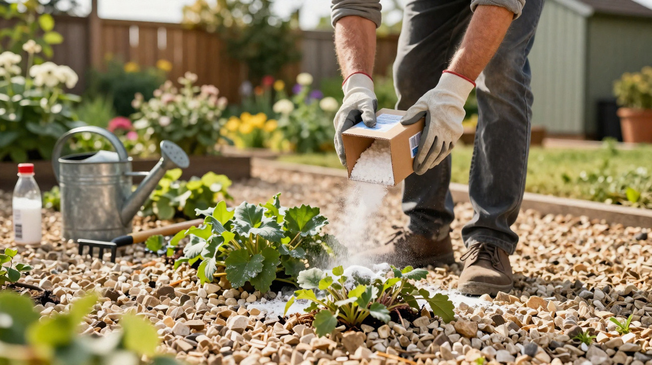 Pessoa aplicando fertilizante em plantas de jardim com terreno coberto por pedras.