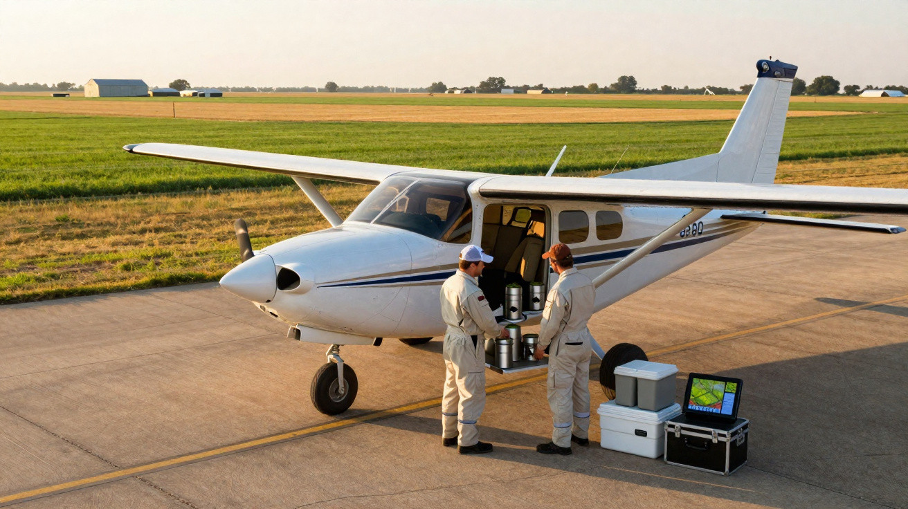 Dois homens em macacão branco carregam equipamentos ao lado de um avião pequeno em pista de aeroporto rural.