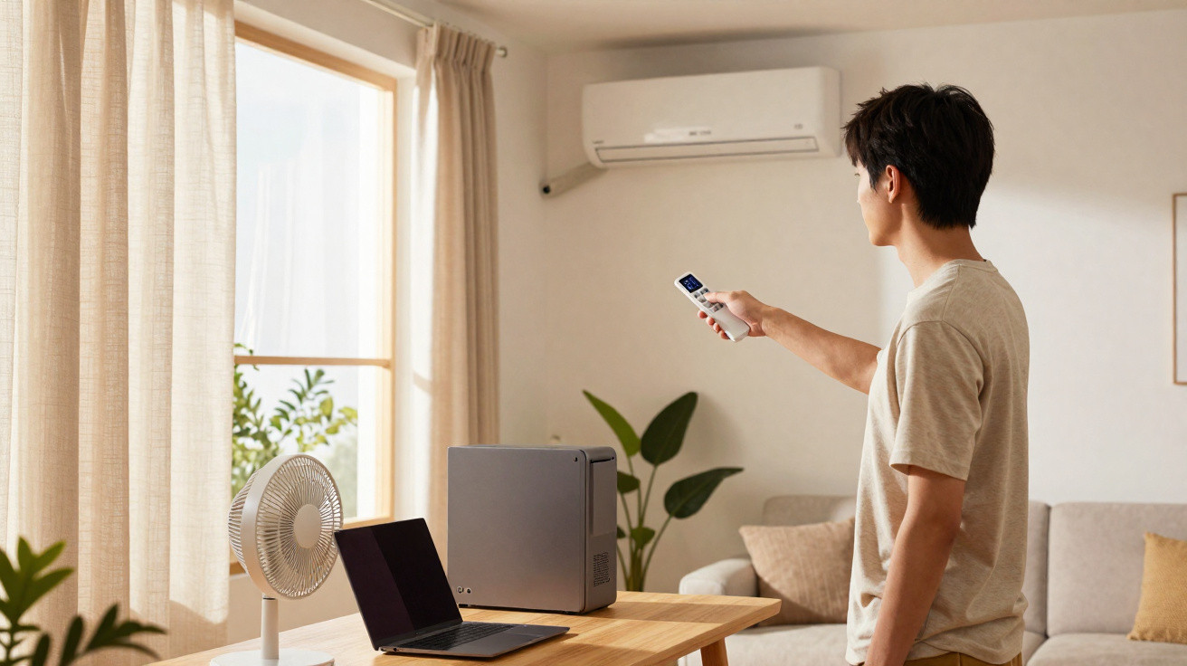 Homem controla ar-condicionado com controle remoto em sala clara com mesa, laptop e ventilador.