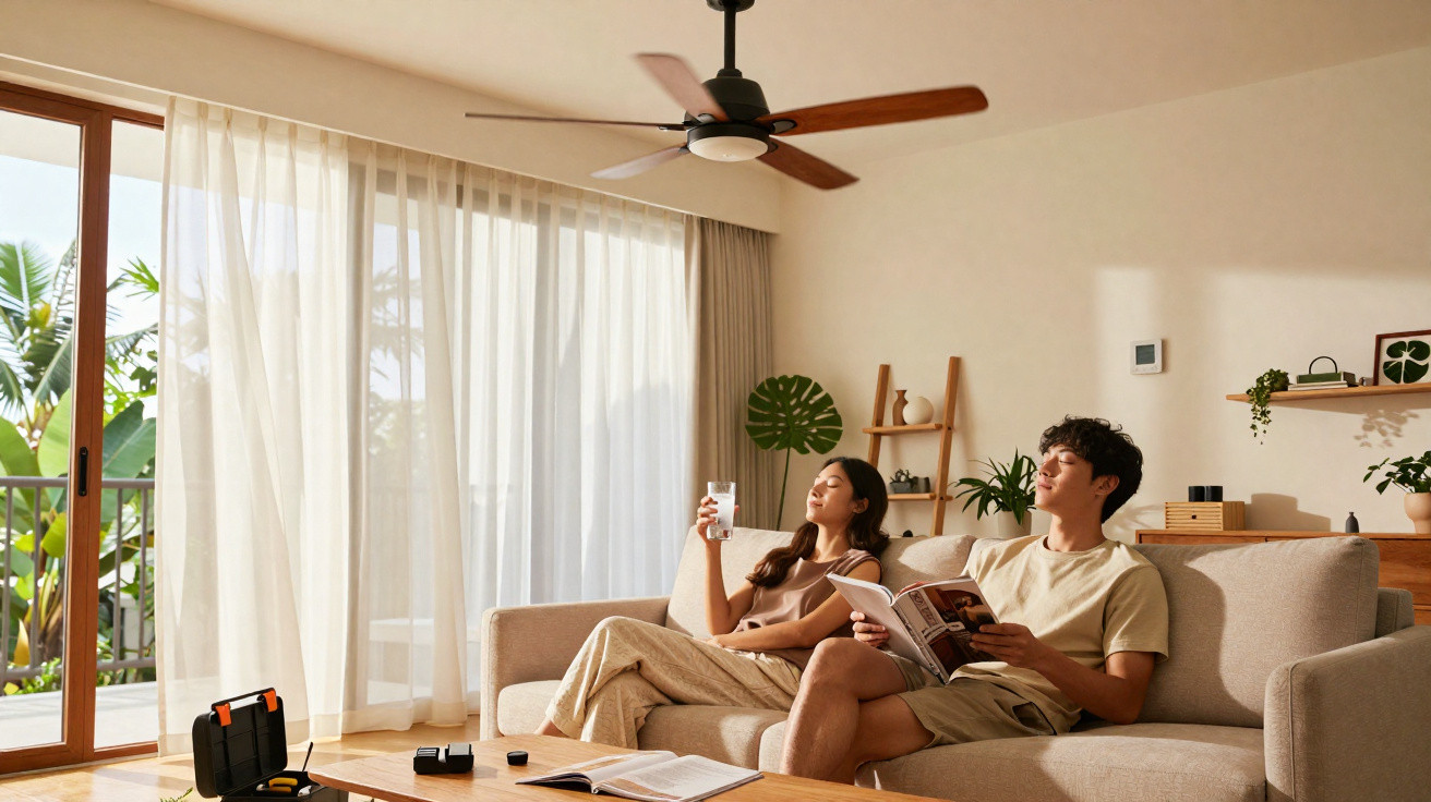 Casal relaxando no sofá de uma sala iluminada, com ventilador de teto e jardim visível pela janela.