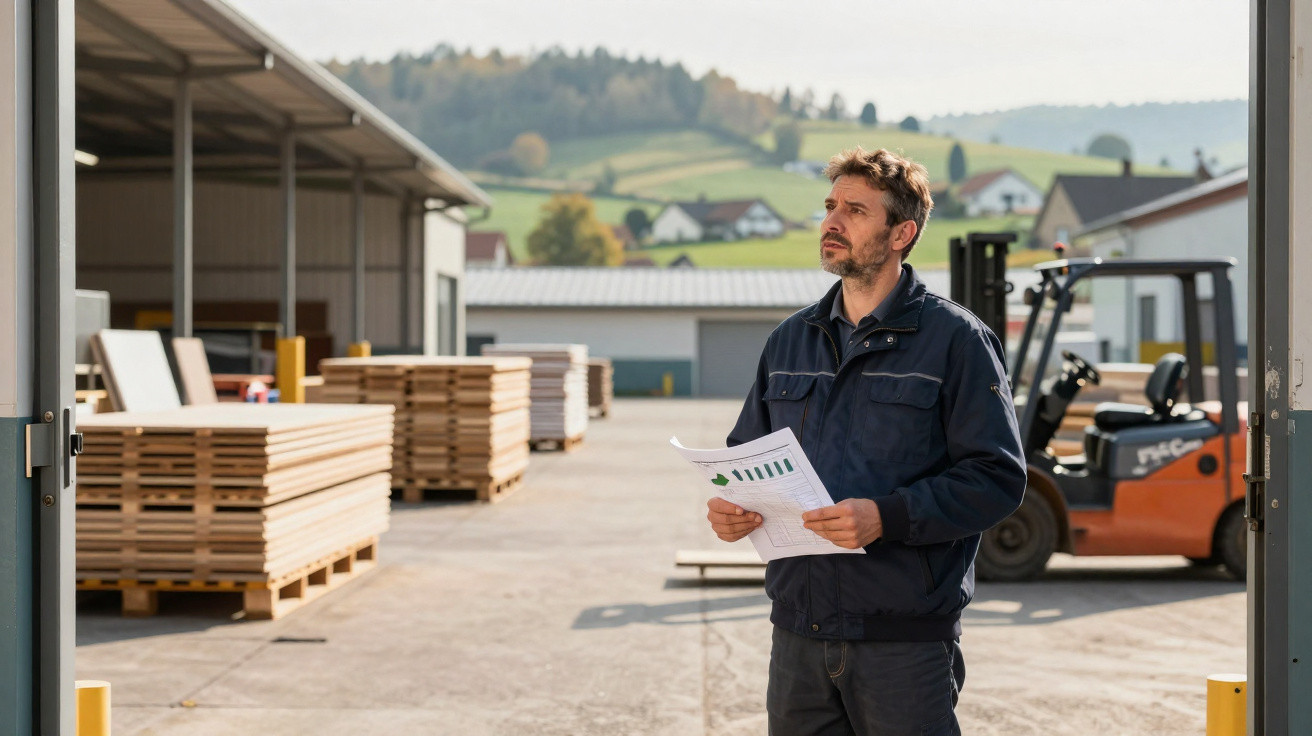 Homem em ambiente industrial segurando papéis com gráficos, ao lado de pallets e empilhadeira.