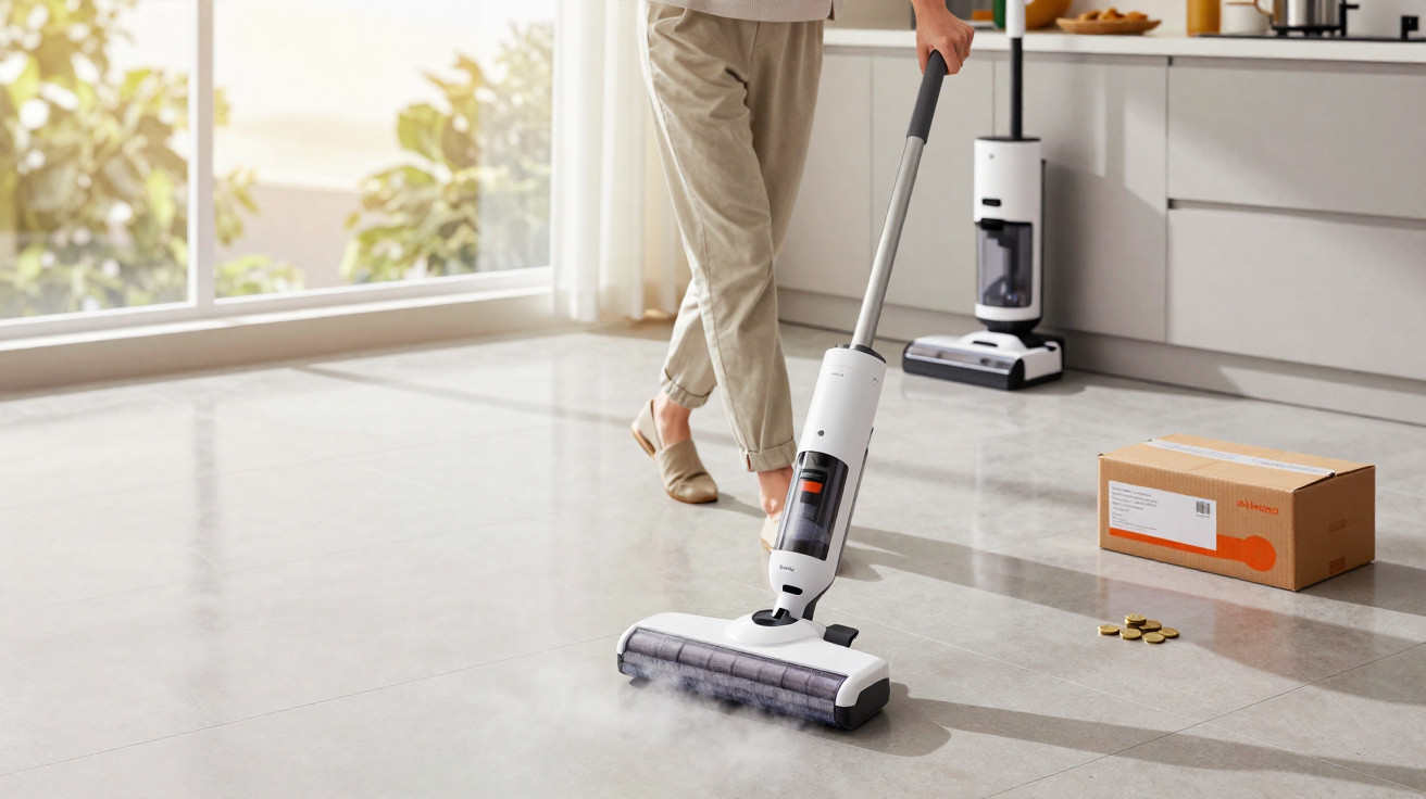 Pessoa limpando chão de casa com aspirador a vapor branco em ambiente claro e moderno.