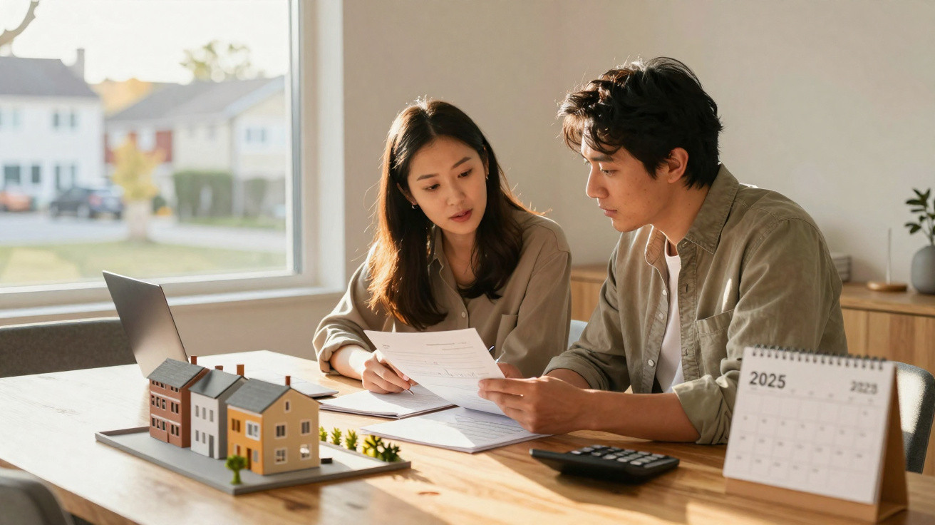 Casal jovem analisando documentos sobre mesa com maquete de casas e calendário de 2025 ao lado.