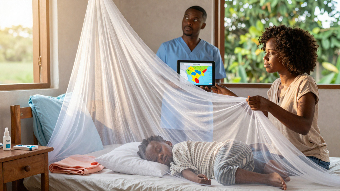 Criança dormindo em cama com mosquiteiro, mulher ajusta e homem com jaleco mostra mapa em tablet.