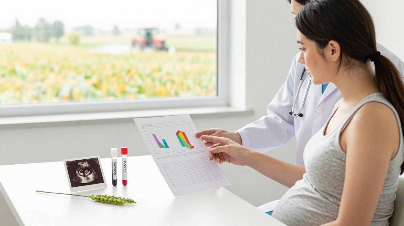 Gestante em consulta médica analisando exames e gráfico com médico em ambiente claro e janela para campo.
