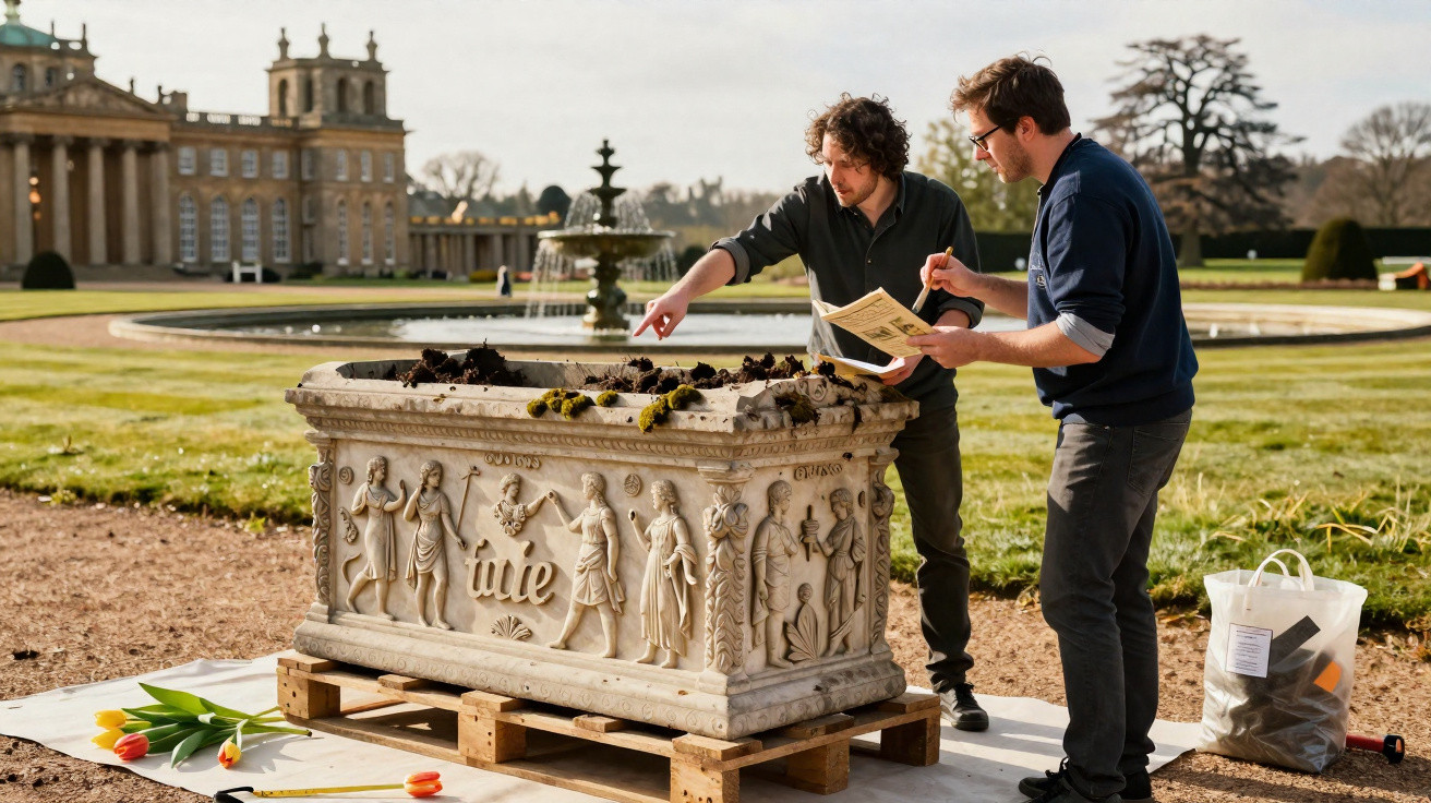 Dois homens trabalham em um vaso antigo com esculturas clássicas em jardim histórico ensolarado.