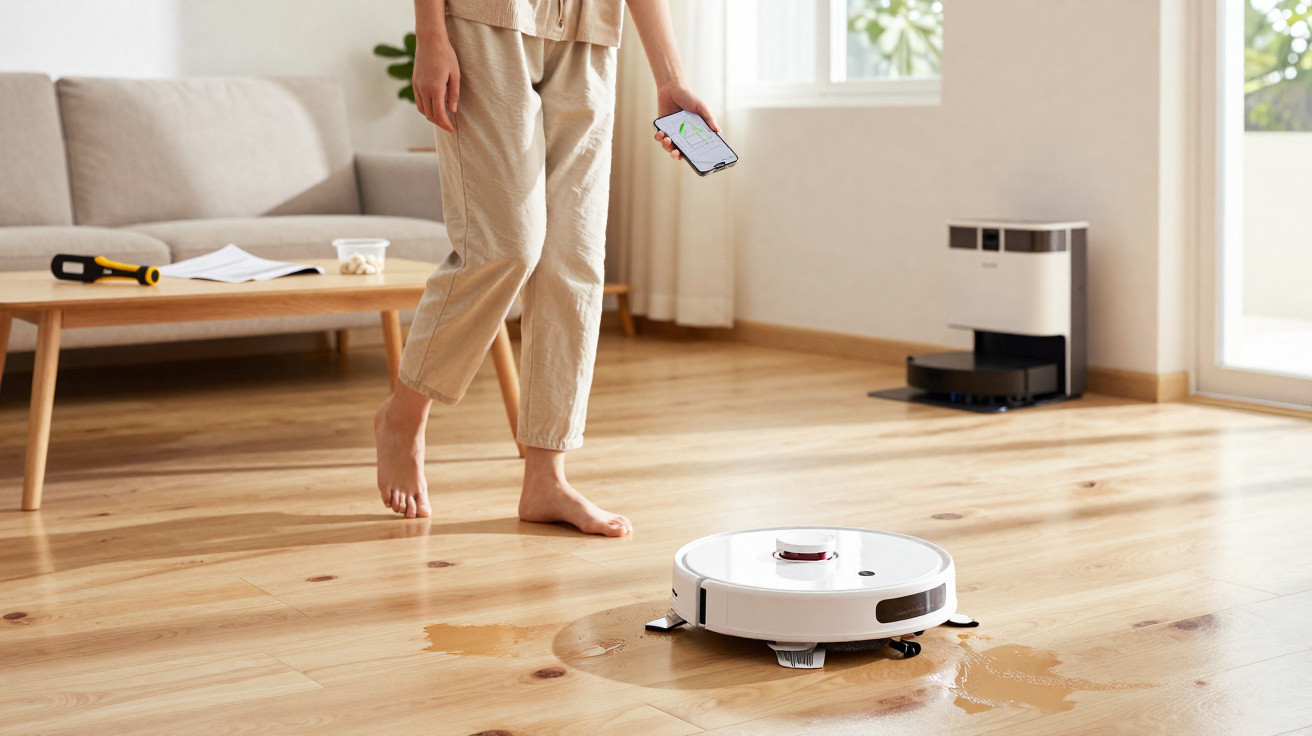 Pessoa controlando aspirador robô com celular para limpar piso de madeira em sala iluminada e moderna.