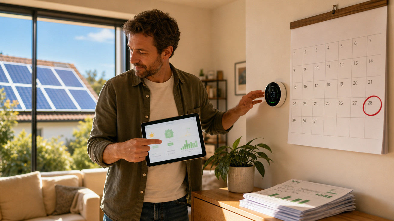 Homem ajusta termostato inteligente na parede e segura tablet com gráficos sobre eficiência energética.