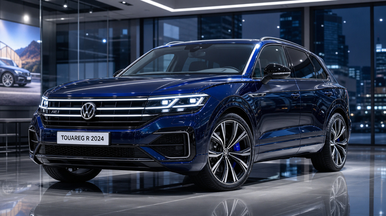 Carro SUV Volkswagen Touareg R 2024 azul mostrado em showroom moderno com iluminação interna.