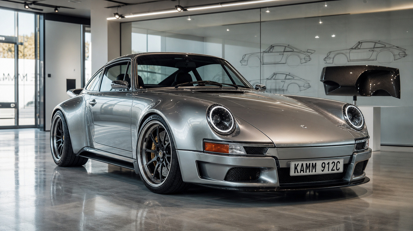 Carro esportivo prata clássico Porsche 911 estacionado em showroom moderno com detalhes em vidro e plantas.