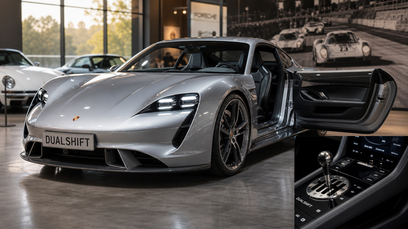 Carro esportivo cinza Porsche com porta aberta e detalhe do câmbio manual em showroom iluminado.