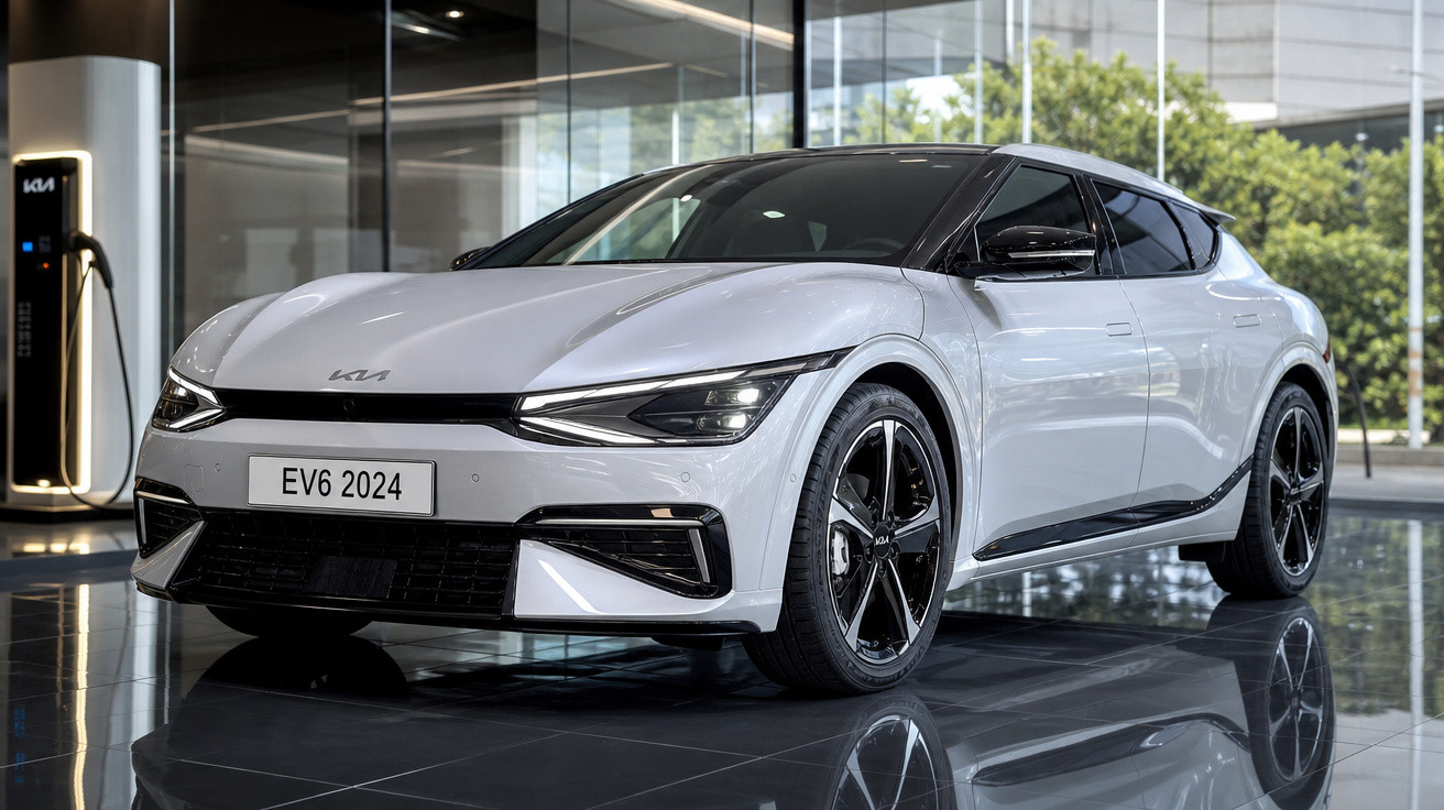Carro elétrico branco Kia EV6 2024 estacionado em showroom moderno com piso espelhado.