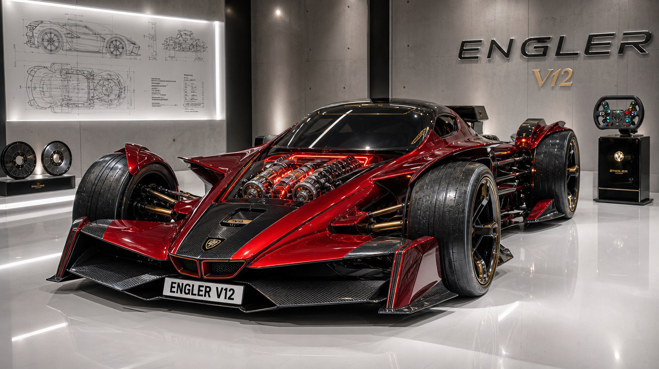 Carro esportivo vermelho Engler V12 com design futurista exibido em showroom moderno.