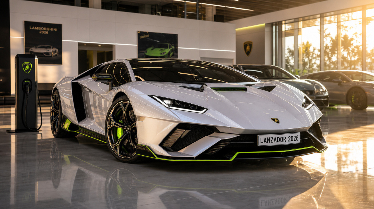 Carro esportivo Lamborghini branco modelo Lanzador 2026 em showroom com carregador elétrico ao lado.
