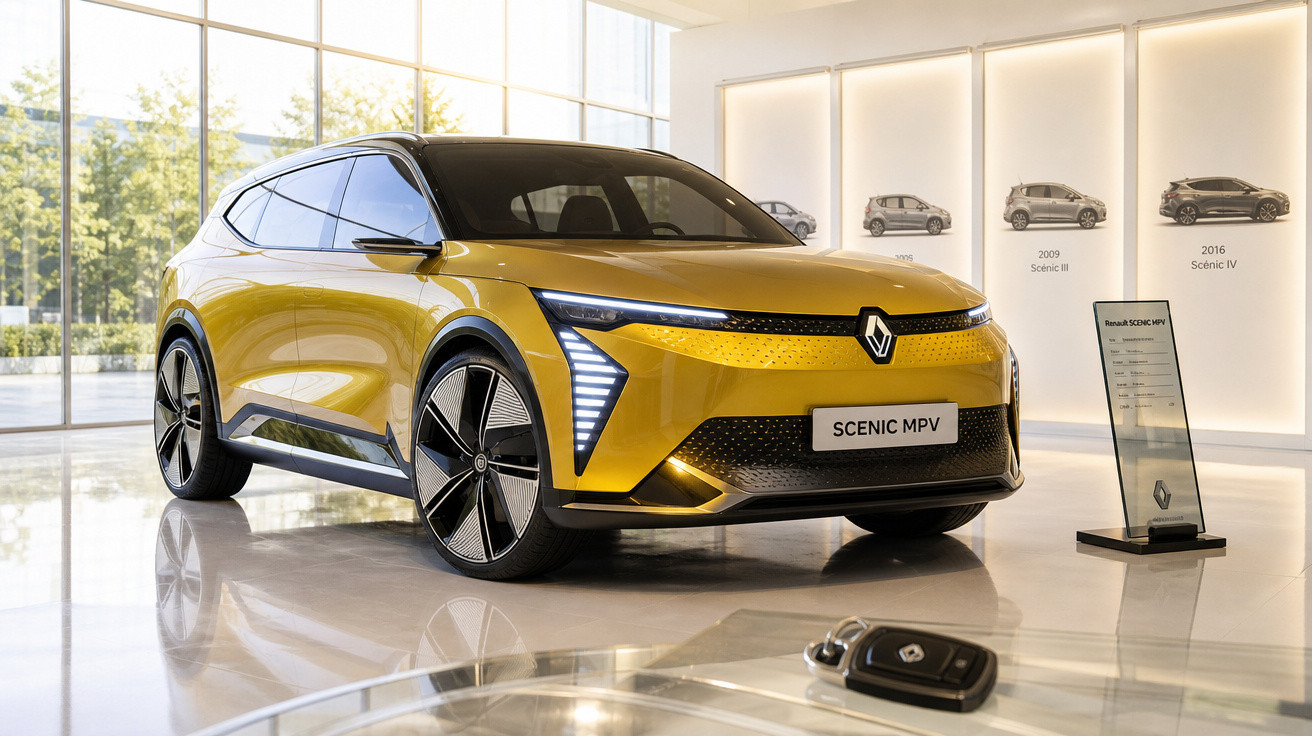 Carro amarelo Renault Scenic MPV exposto em showroom moderno com chave e placas informativas.