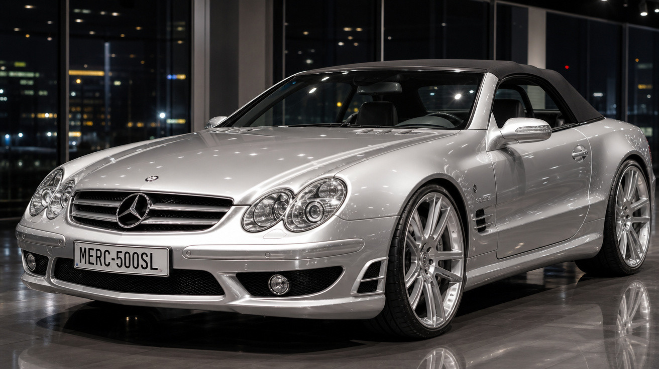 Carro esportivo Mercedes-Benz conversível prata com capota preta em ambiente interno moderno.