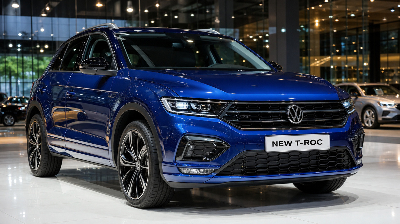 SUV Volkswagen T-Roc azul exibido em salão de automóveis.