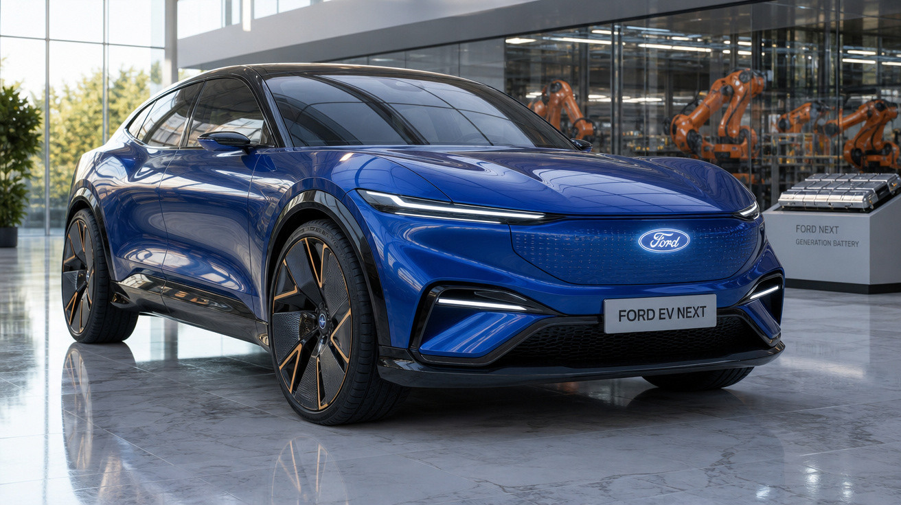 Carro elétrico Ford EV Next azul em showroom com piso de mármore e robôs industriais ao fundo.