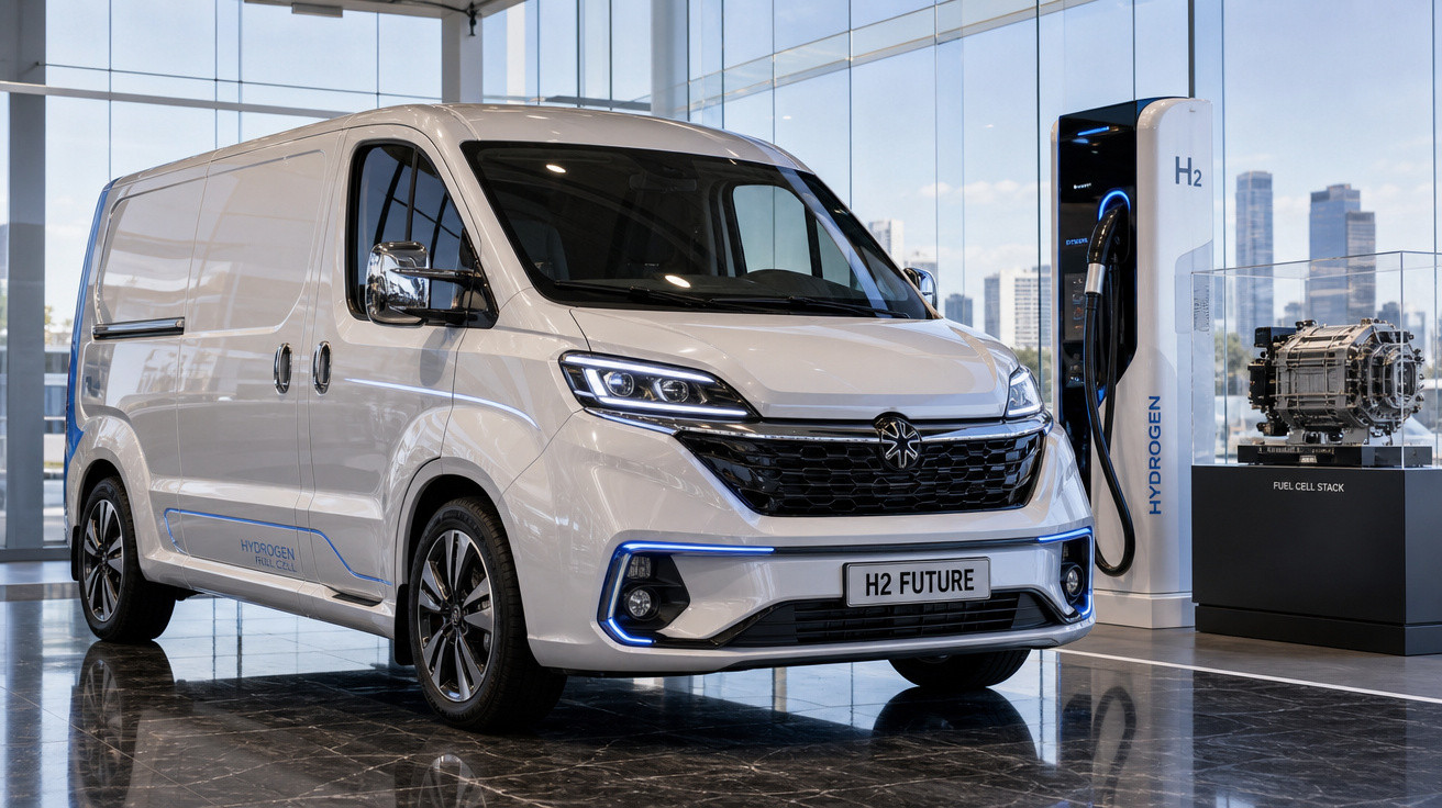 Van branca elétrica movida a hidrogênio exibida em showroom moderno com estação de recarga e motor em exposição.