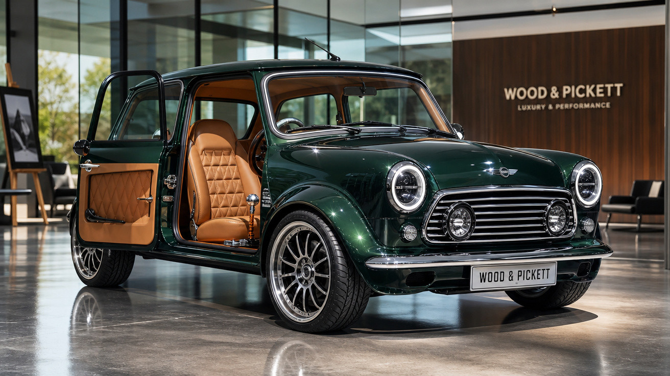 Carro clássico Mini verde com portas abertas e interior marrom em showroom moderno Wood & Pickett.