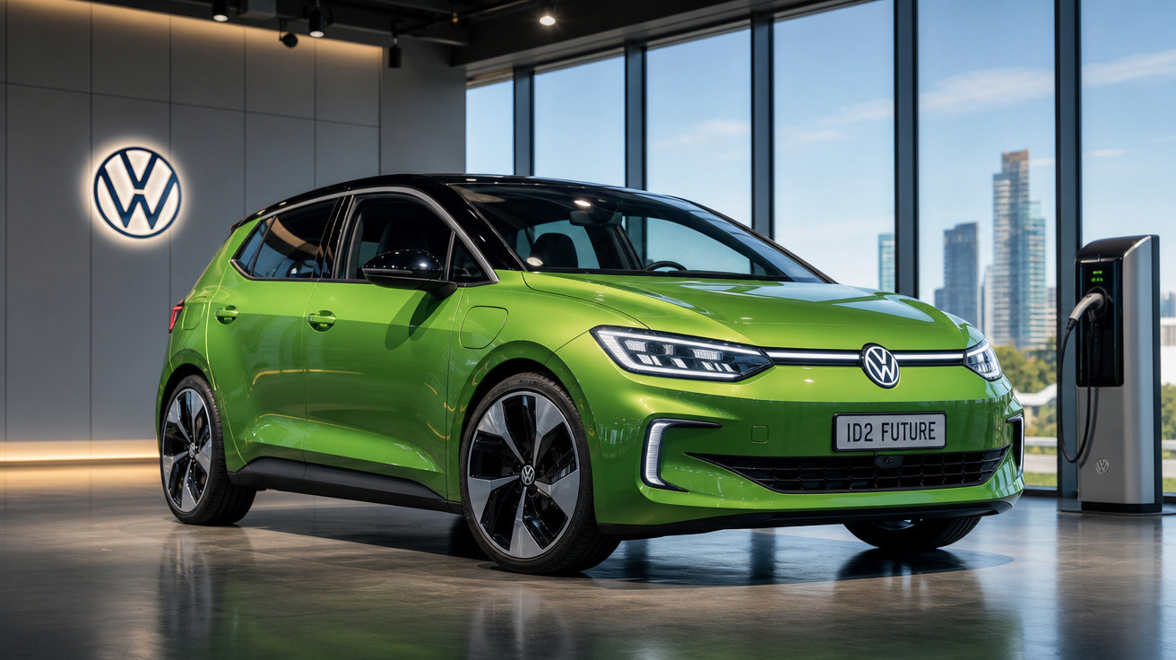 Carro elétrico verde Volkswagen ID.2 Future estacionado em showroom moderno com estação de recarga.