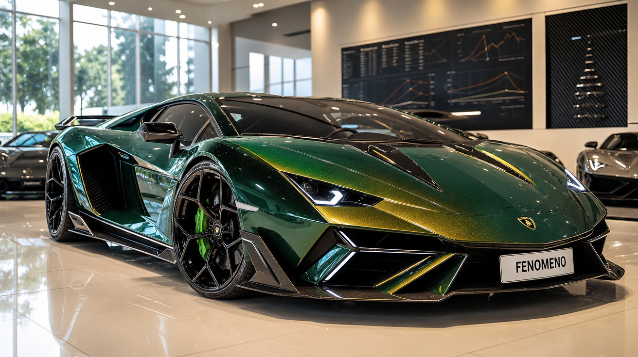 Carro esportivo Lamborghini verde metálico exibido em showroom moderno com piso brilhante.