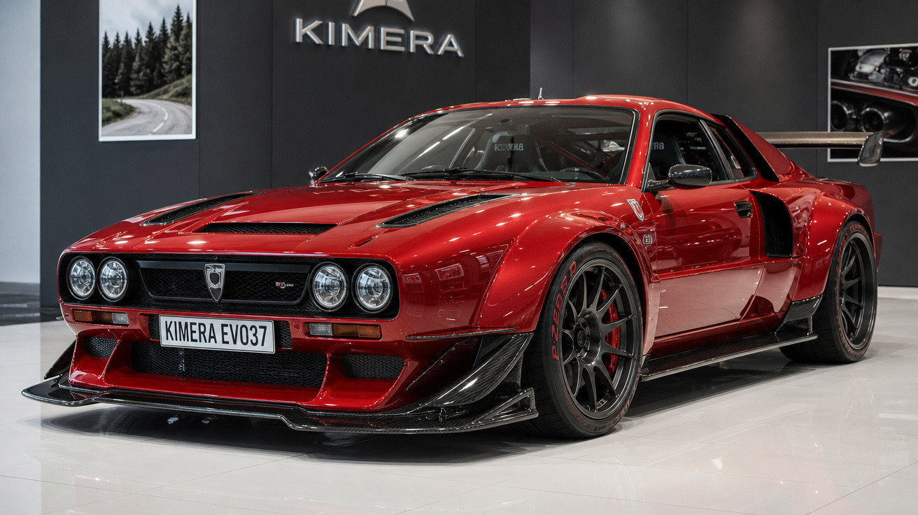 Carro esportivo vermelho Kimera EVO37 em exibição com pneus Pirelli e detalhes aerodinâmicos em preto.