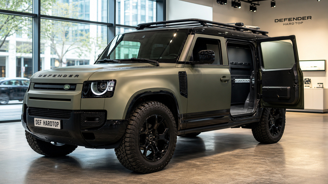 Carro Land Rover Defender verde oliva com porta traseira aberta em exposição interna.