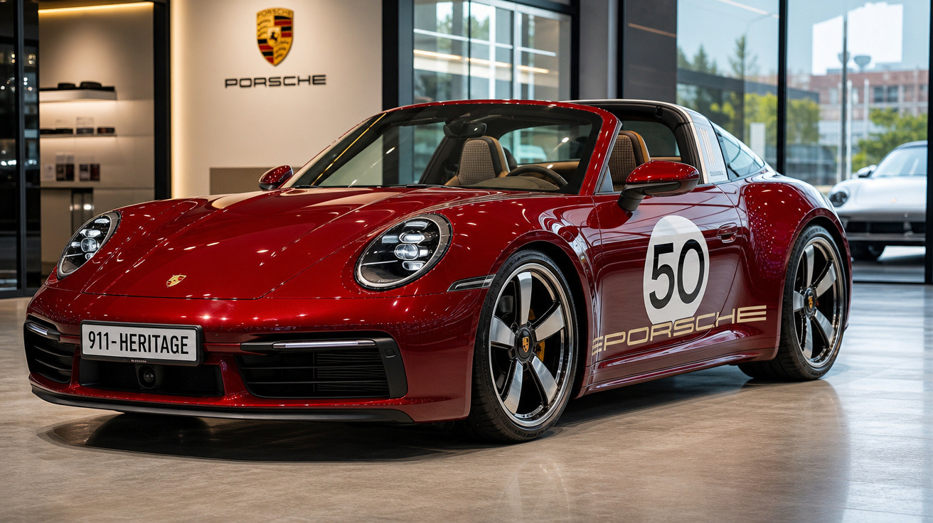 Carro esportivo Porsche 911 Heritage vermelho exibido em showroom moderno e iluminado.