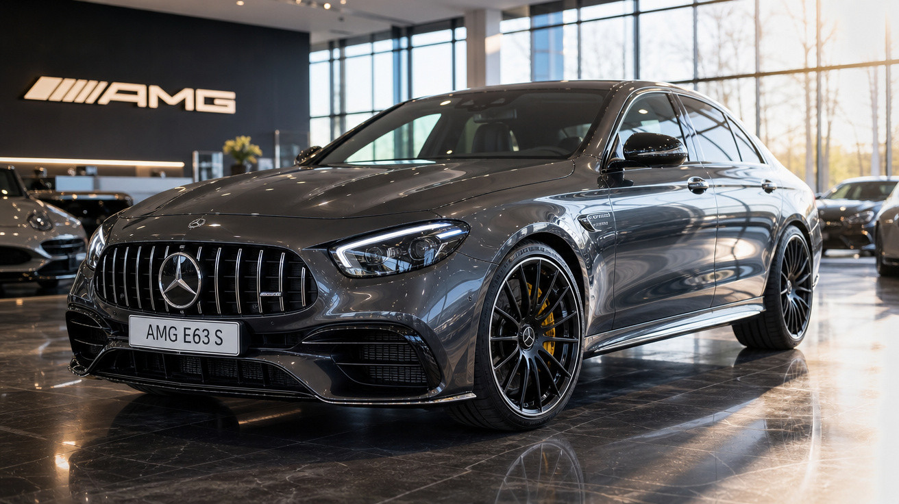 Carro Mercedes-AMG E63 S cinza metálico em showroom com piso brilhante e luz natural entrando pelas janelas.