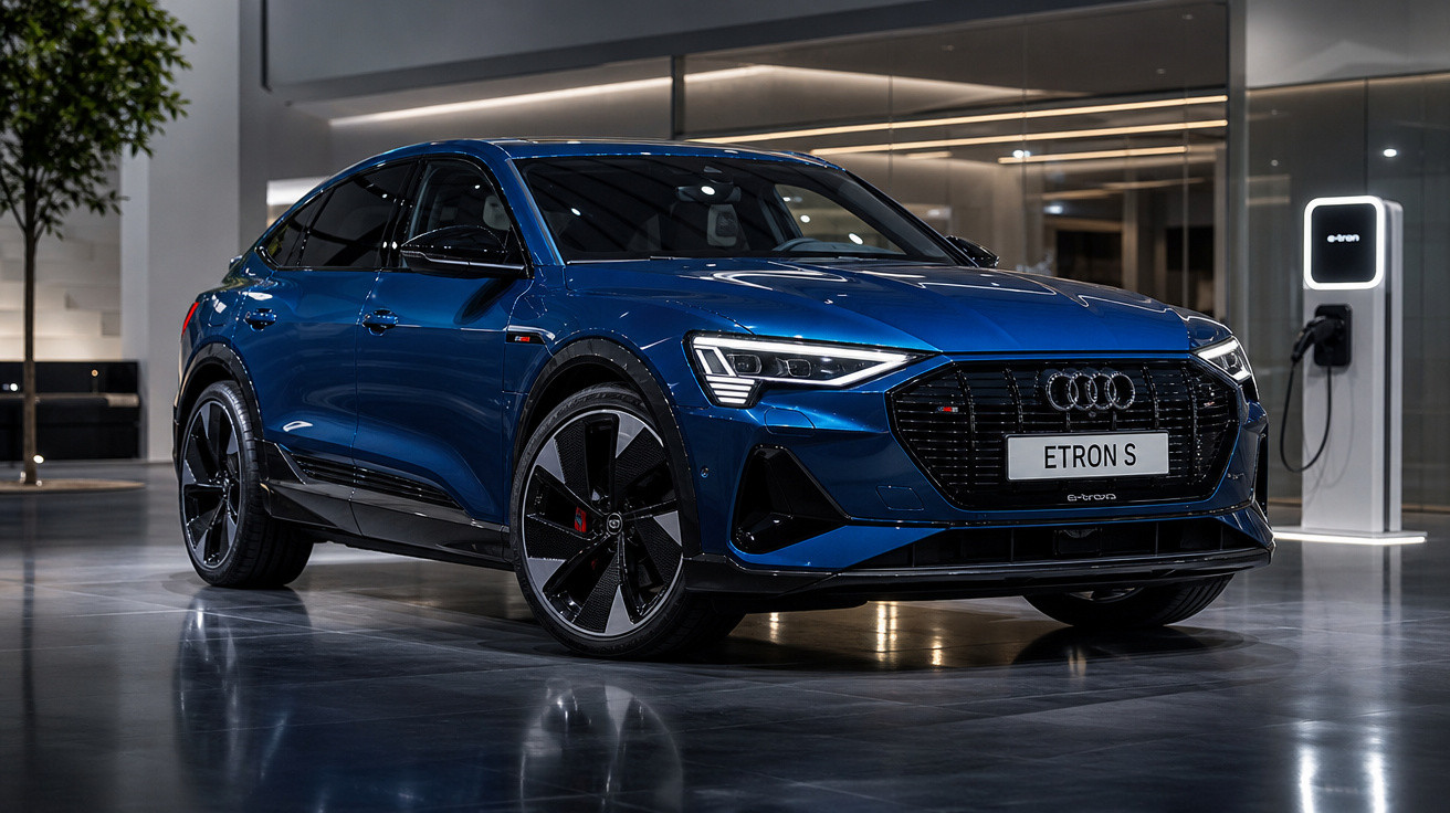 Carro elétrico Audi E-Tron S azul estacionado em showroom moderno com estação de carregamento ao fundo.