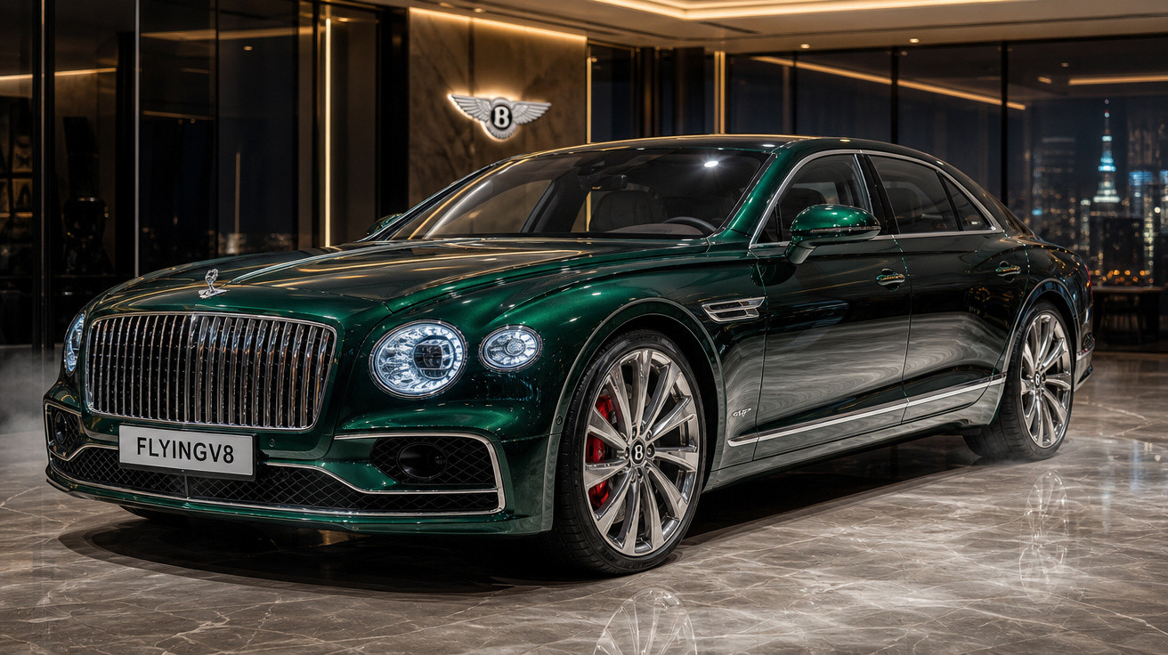 Carro verde escuro Bentley Flying Spur V8 em exposição interna com iluminação elegante.