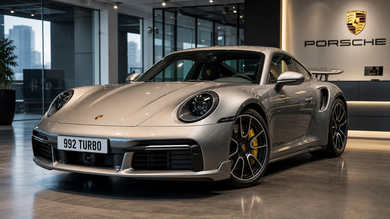 Carro esportivo Porsche 992 Turbo prata exibido em showroom moderno com logo Porsche iluminado na parede.