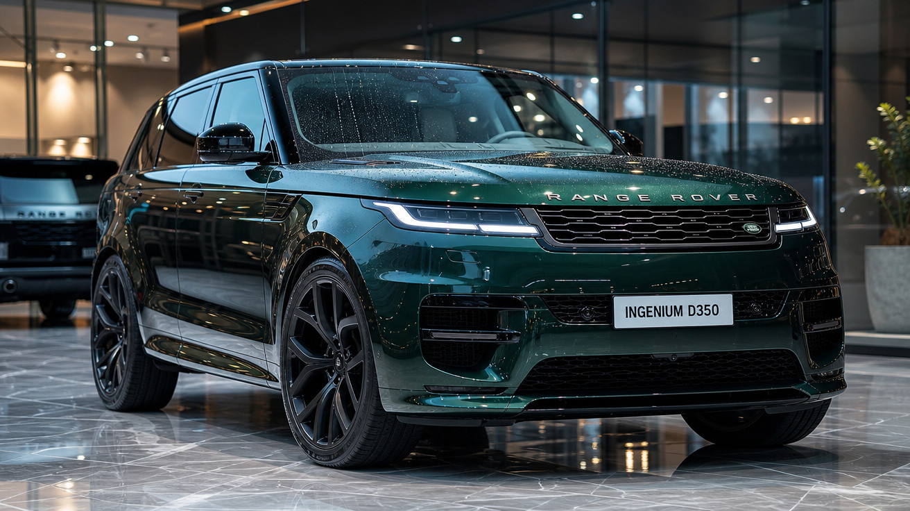 Carro SUV Range Rover verde escuro exposto em showroom com piso de mármore refletivo.