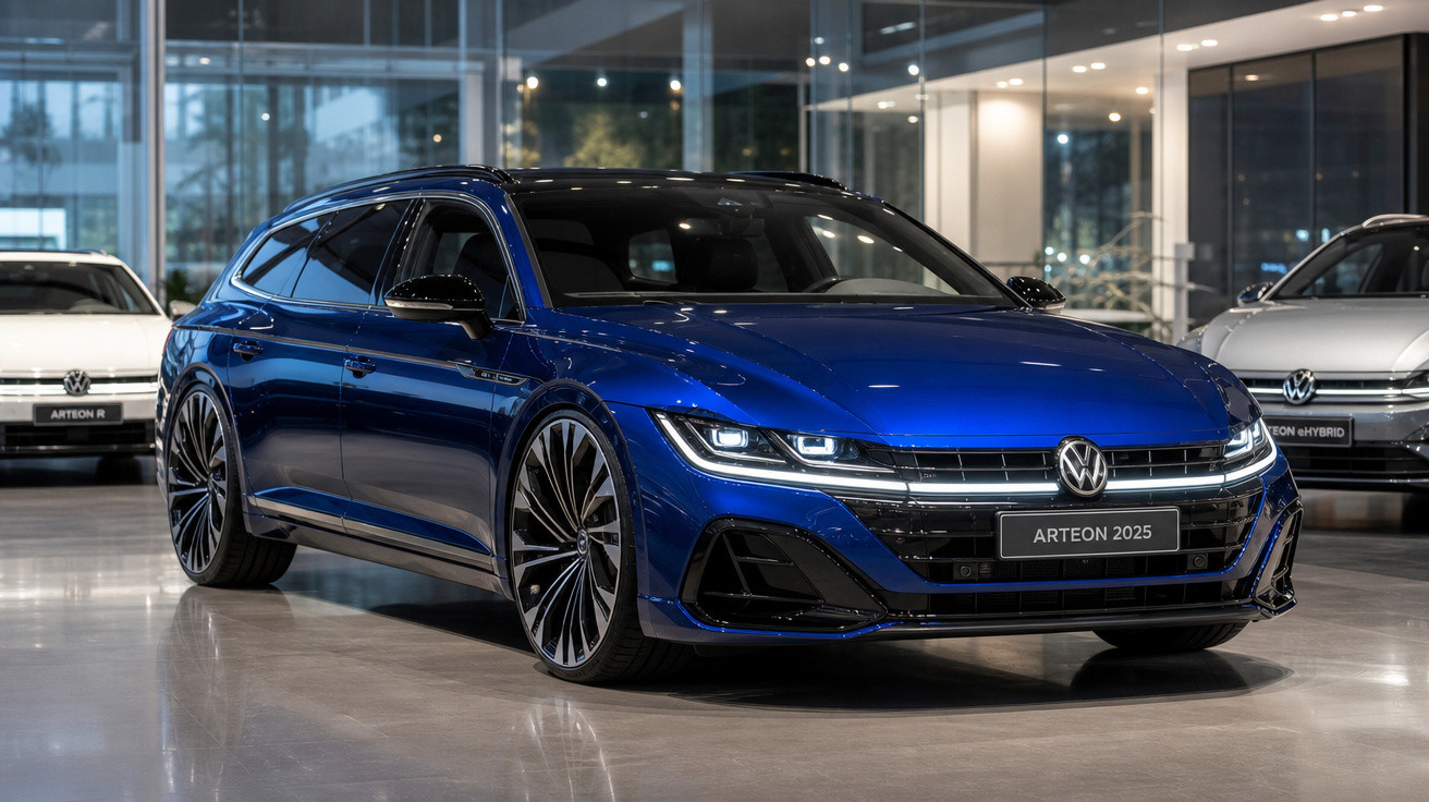 Carro Volkswagen Arteon 2025 azul metálico em showroom com outros veículos ao fundo.