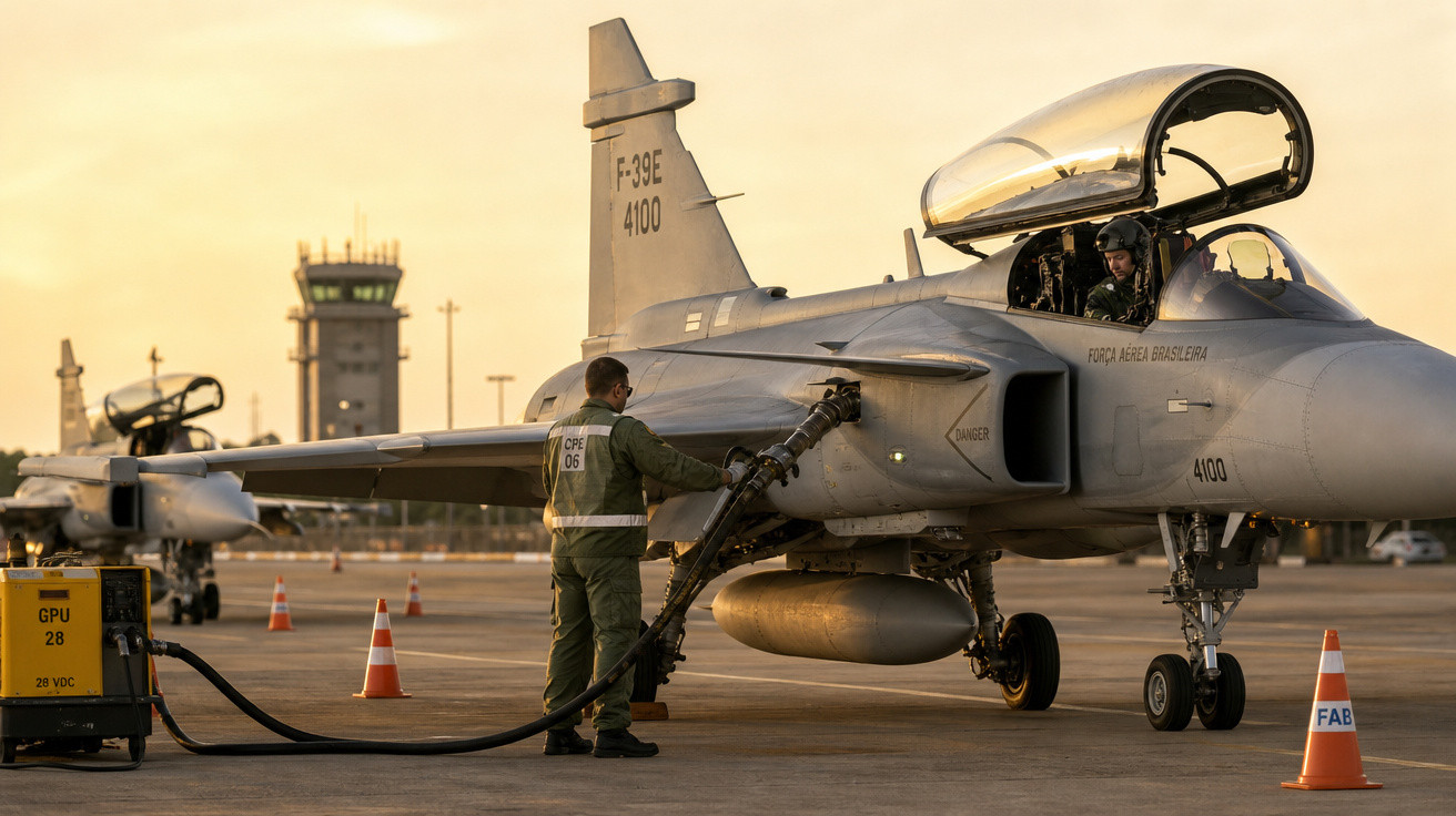 Militar abastece caça F-39E da Força Aérea Brasileira em pista de aeródromo ao pôr do sol.