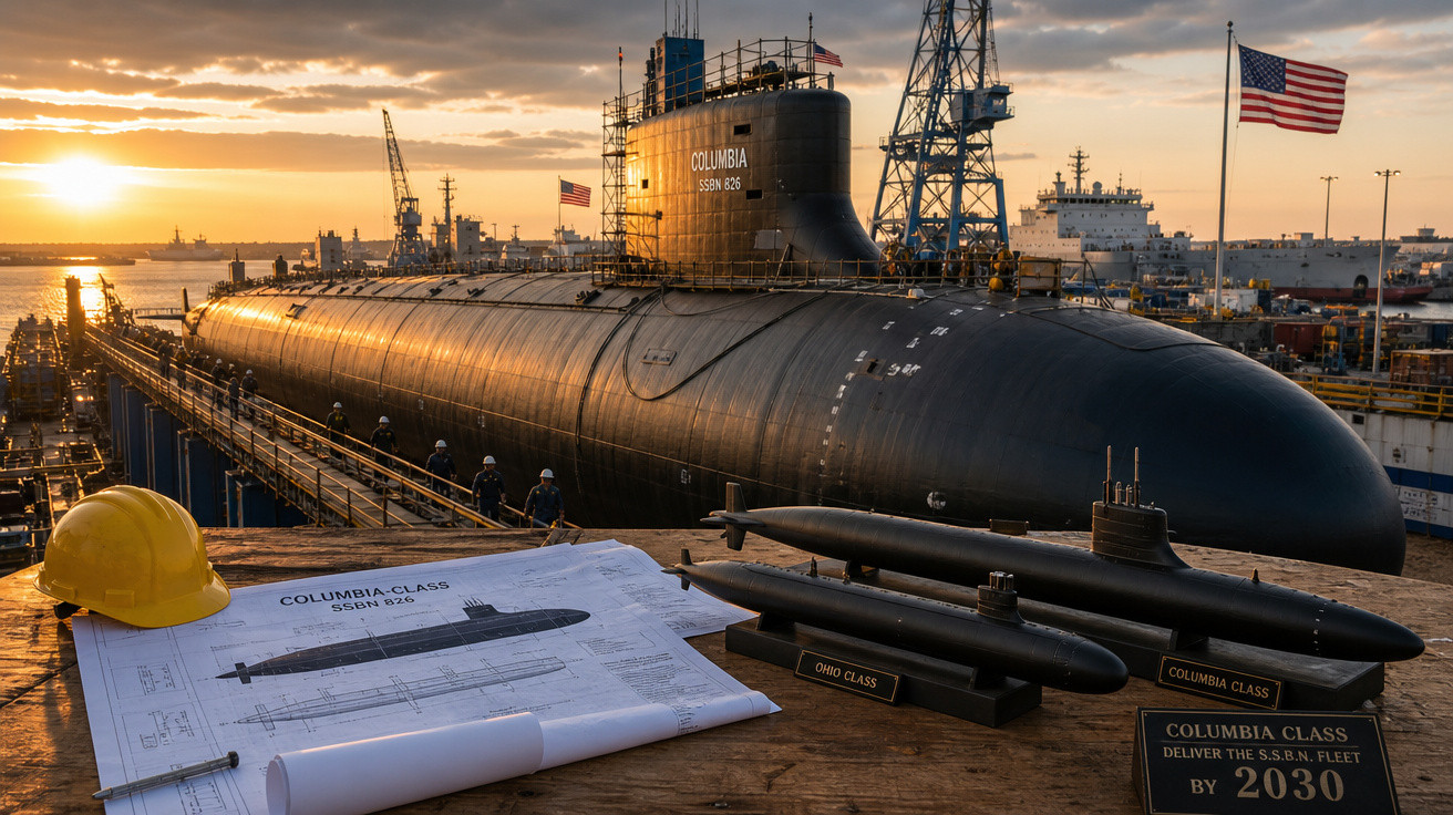 Submarino Columbia SSBN 826 em doca seca ao pôr do sol com capacete e plantas no primeiro plano.