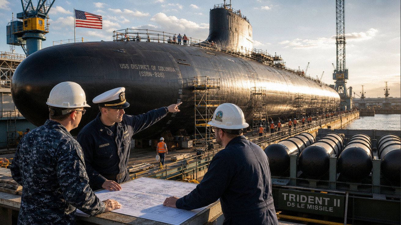 Homens com capacetes e uniforme naval analisam planta junto a submarino USS District of Columbia em doca com mísseis Trident 