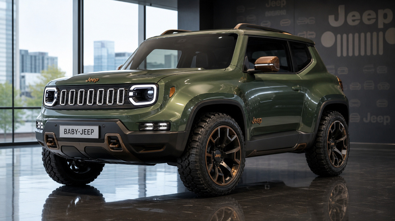 SUV Jeep verde militar com detalhes em bronze exposto em showroom moderno com piso refletivo.